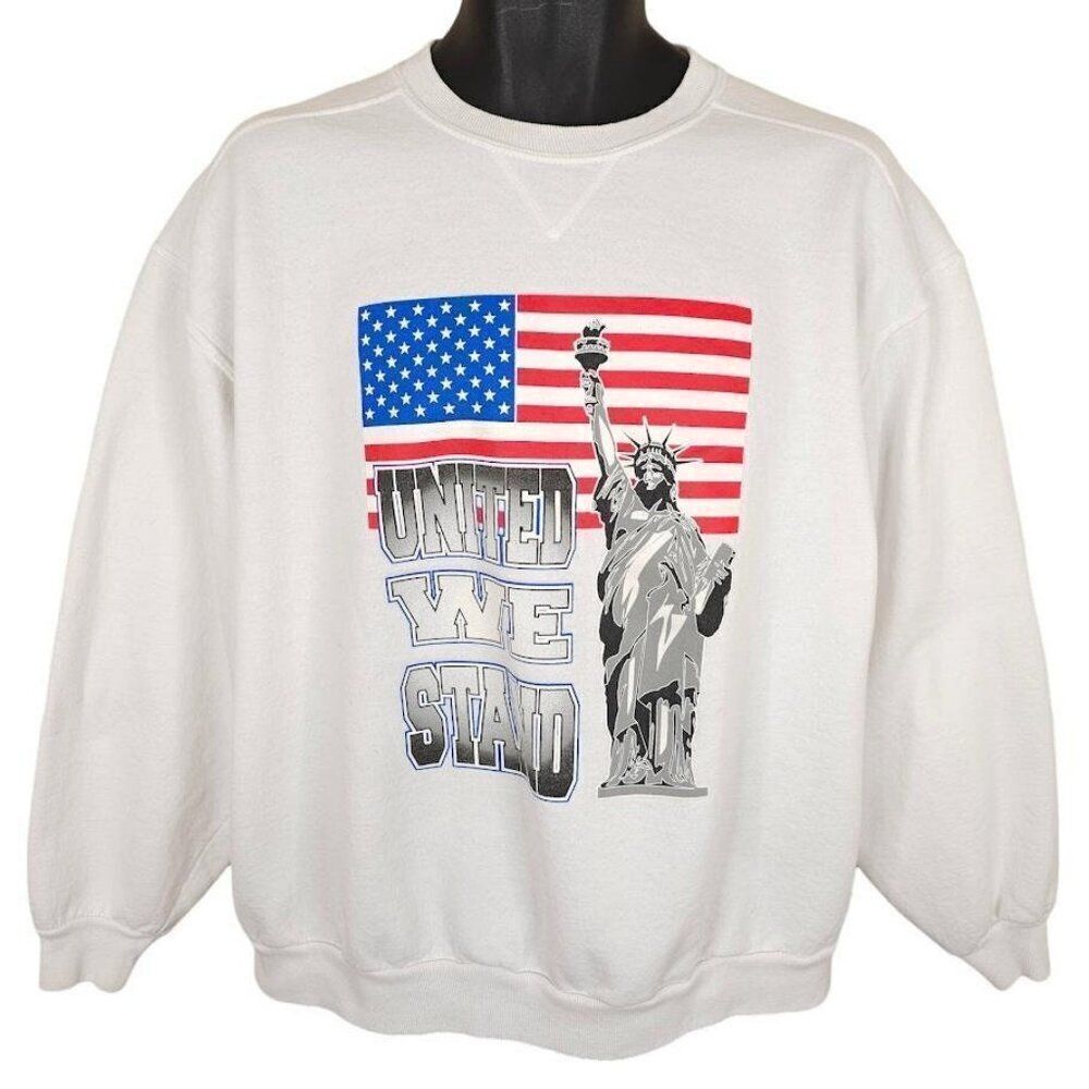 Vintage American Flag Sweatshirt Mens Size XL White 90s Y2K Statue Of Liberty